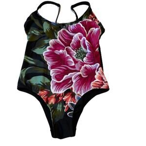 Kona Sol Black Floral One Piece Tank Swimsuit, M, NWOT